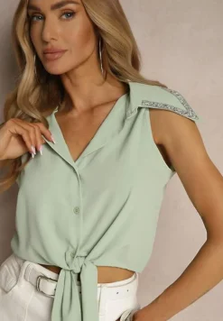 Zielona Koszula z Kołnierzykiem Ozdobiona Cyrkoniami Revorelle