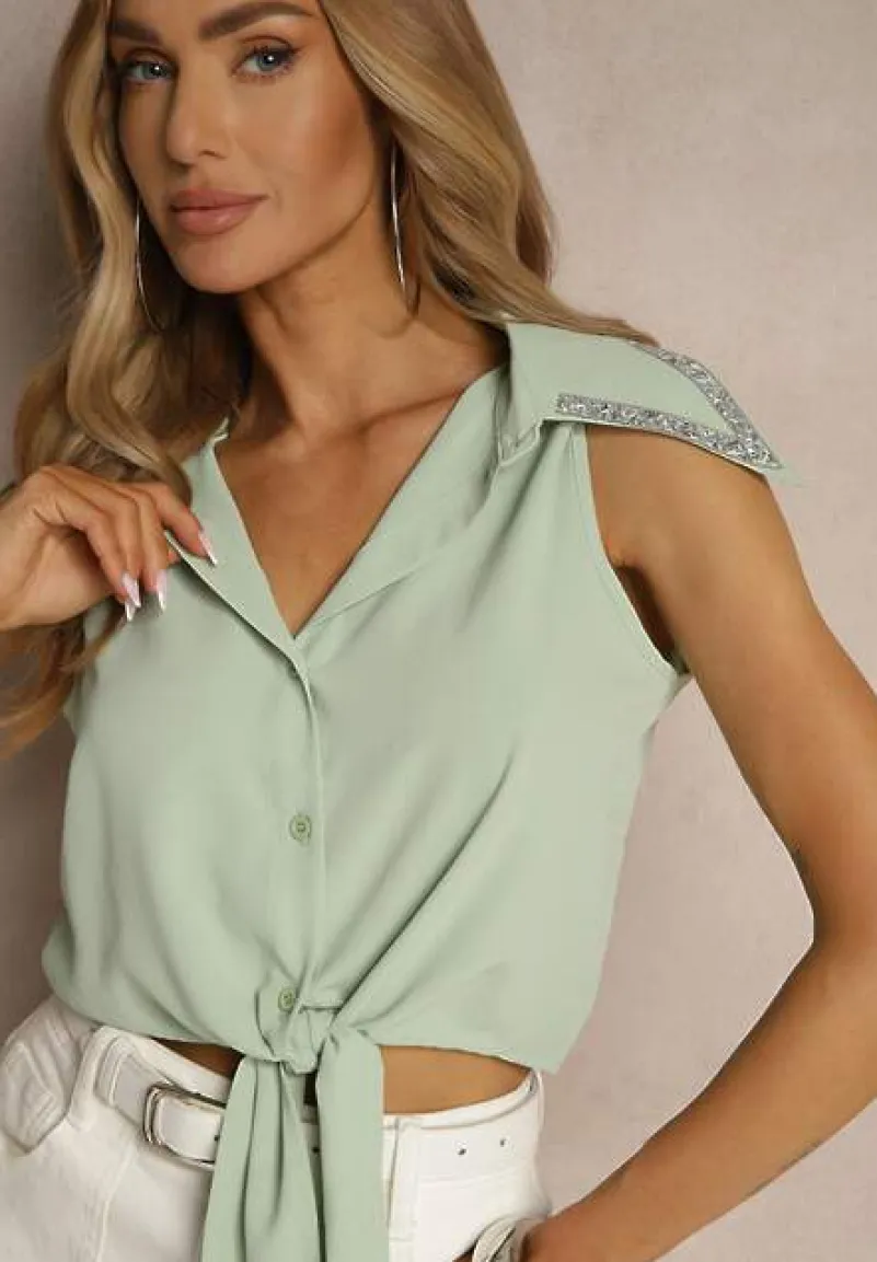 Zielona Koszula z Kołnierzykiem Ozdobiona Cyrkoniami Revorelle