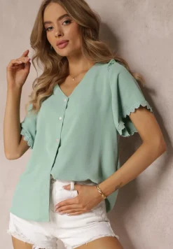 Zielona Koszula z Krótkim Rękawem i Koronką przy Ramionach Bettia