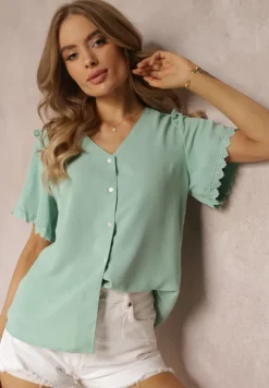 Zielona Koszula z Krótkim Rękawem i Koronką przy Ramionach Bettia