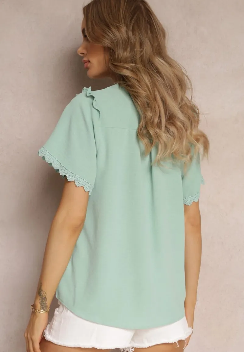 Zielona Koszula z Krótkim Rękawem i Koronką przy Ramionach Bettia