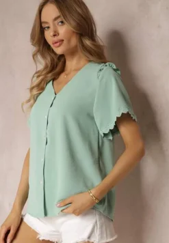 Zielona Koszula z Krótkim Rękawem i Koronką przy Ramionach Bettia