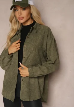 Zielona Koszula ze Sztruksu z Dodatkiem Bawełny Zapinana na Guziki Tarinia
