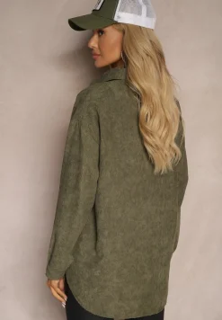 Zielona Koszula ze Sztruksu z Dodatkiem Bawełny Zapinana na Guziki Tarinia