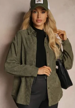 Zielona Koszula ze Sztruksu z Dodatkiem Bawełny Zapinana na Guziki Tarinia