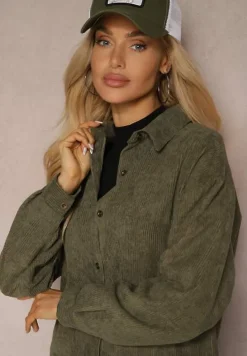 Zielona Koszula ze Sztruksu z Dodatkiem Bawełny Zapinana na Guziki Tarinia