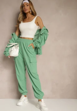 Zielona Koszulowa Kurtka ze Ściągaczem w Pasie Zdobiona Imitacją Kieszeni Nitarisa