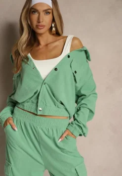 Zielona Koszulowa Kurtka ze Ściągaczem w Pasie Zdobiona Imitacją Kieszeni Nitarisa