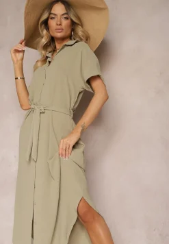 Zielona Koszulowa Sukienka z Wiskozy z Materiałowym Paskiem w Talii Gialara