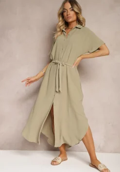 Zielona Koszulowa Sukienka z Wiskozy z Materiałowym Paskiem w Talii Gialara