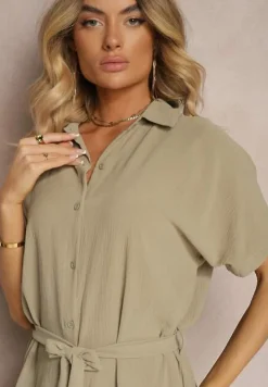 Zielona Koszulowa Sukienka z Wiskozy z Materiałowym Paskiem w Talii Gialara