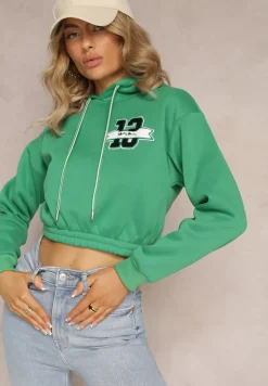 Zielona Krótka Bluza z Kapturem Ściągaczami i Ozdobnym Nadrukiem Relis