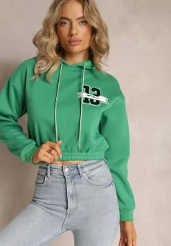 Zielona Krótka Bluza z Kapturem Ściągaczami i Ozdobnym Nadrukiem Relis