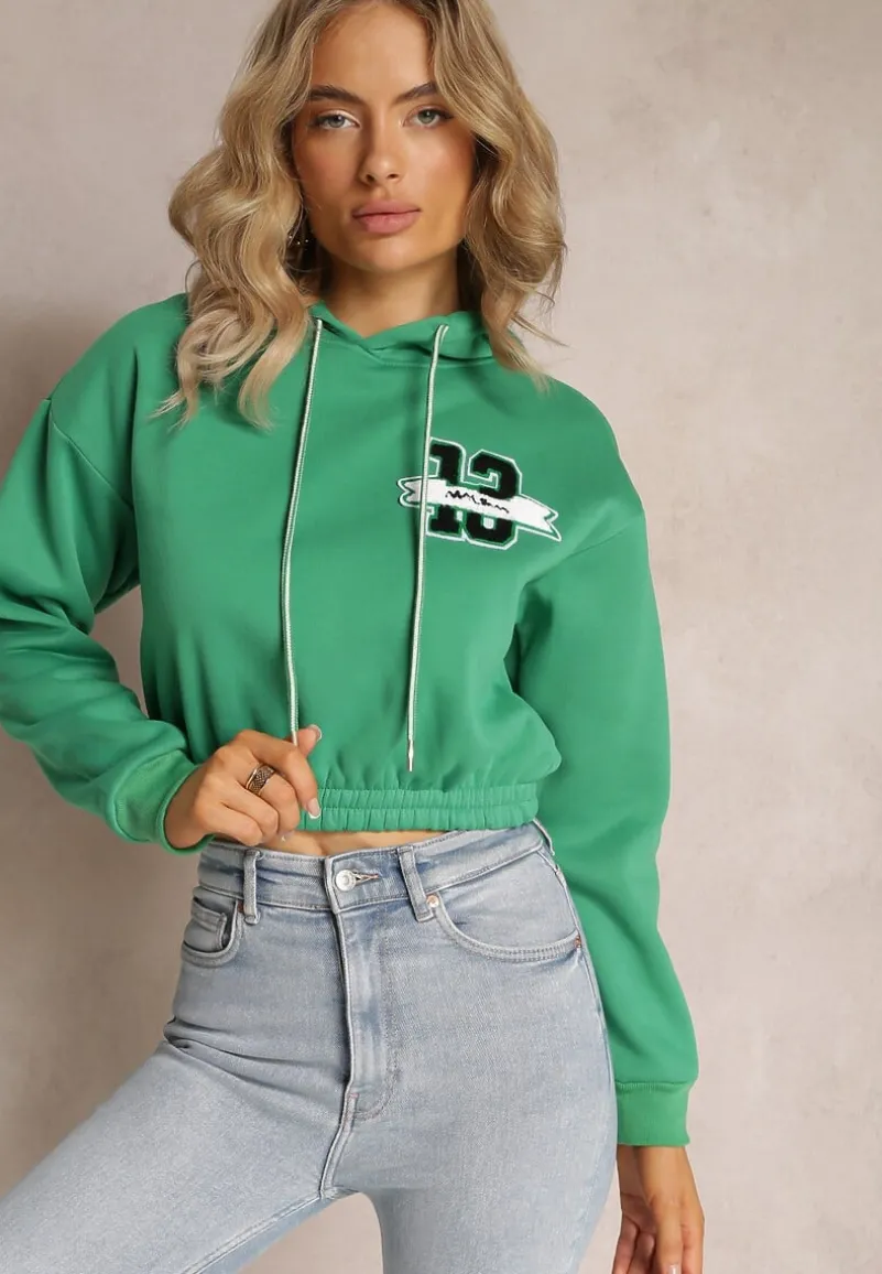 Zielona Krótka Bluza z Kapturem Ściągaczami i Ozdobnym Nadrukiem Relis