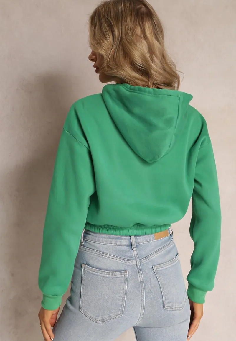 Zielona Krótka Bluza z Kapturem Ściągaczami i Ozdobnym Nadrukiem Relis