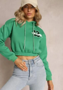 Zielona Krótka Bluza z Kapturem Ściągaczami i Ozdobnym Nadrukiem Relis