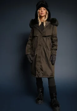 Zielona Kurtka Płaszcz ze Ściągaczem i Kapturem z Ozdobnym Futerkiem Livieya