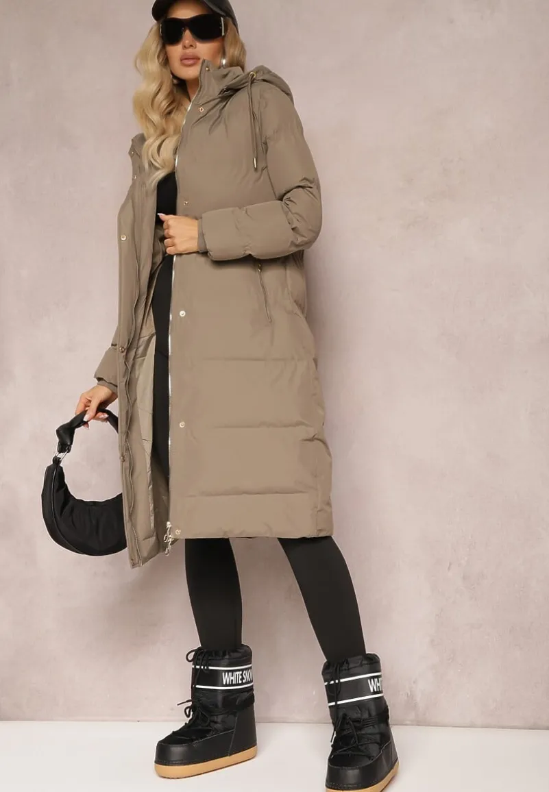 Zielona Kurtka Pikowana Płaszcz za Kolano z Odpinanym Kapturem Chetri