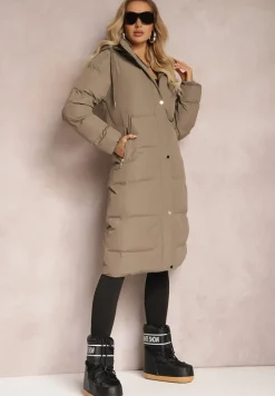 Zielona Kurtka Pikowana Płaszcz za Kolano z Odpinanym Kapturem Chetri