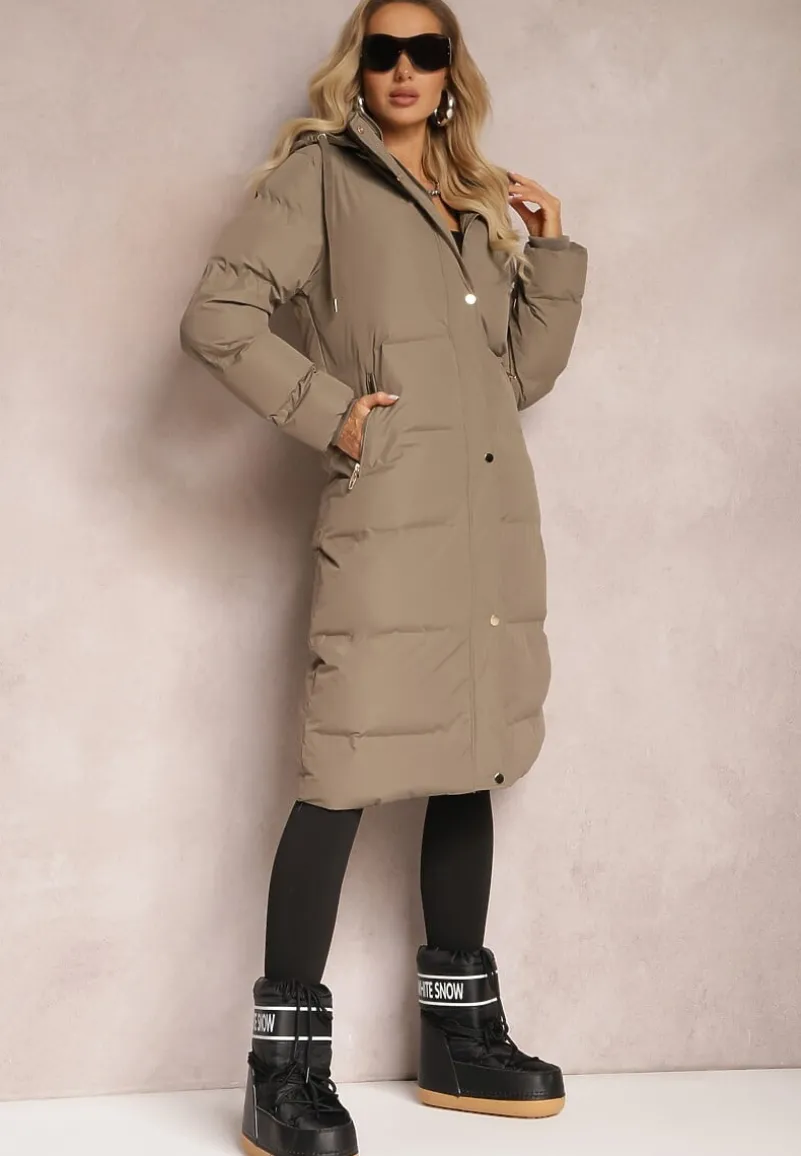 Zielona Kurtka Pikowana Płaszcz za Kolano z Odpinanym Kapturem Chetri