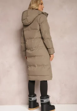 Zielona Kurtka Pikowana Płaszcz za Kolano z Odpinanym Kapturem Chetri