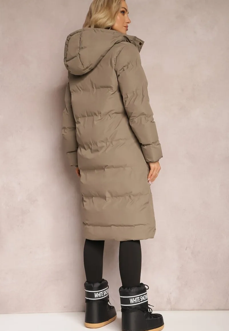 Zielona Kurtka Pikowana Płaszcz za Kolano z Odpinanym Kapturem Chetri