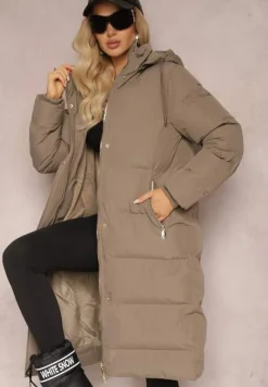 Zielona Kurtka Pikowana Płaszcz za Kolano z Odpinanym Kapturem Chetri