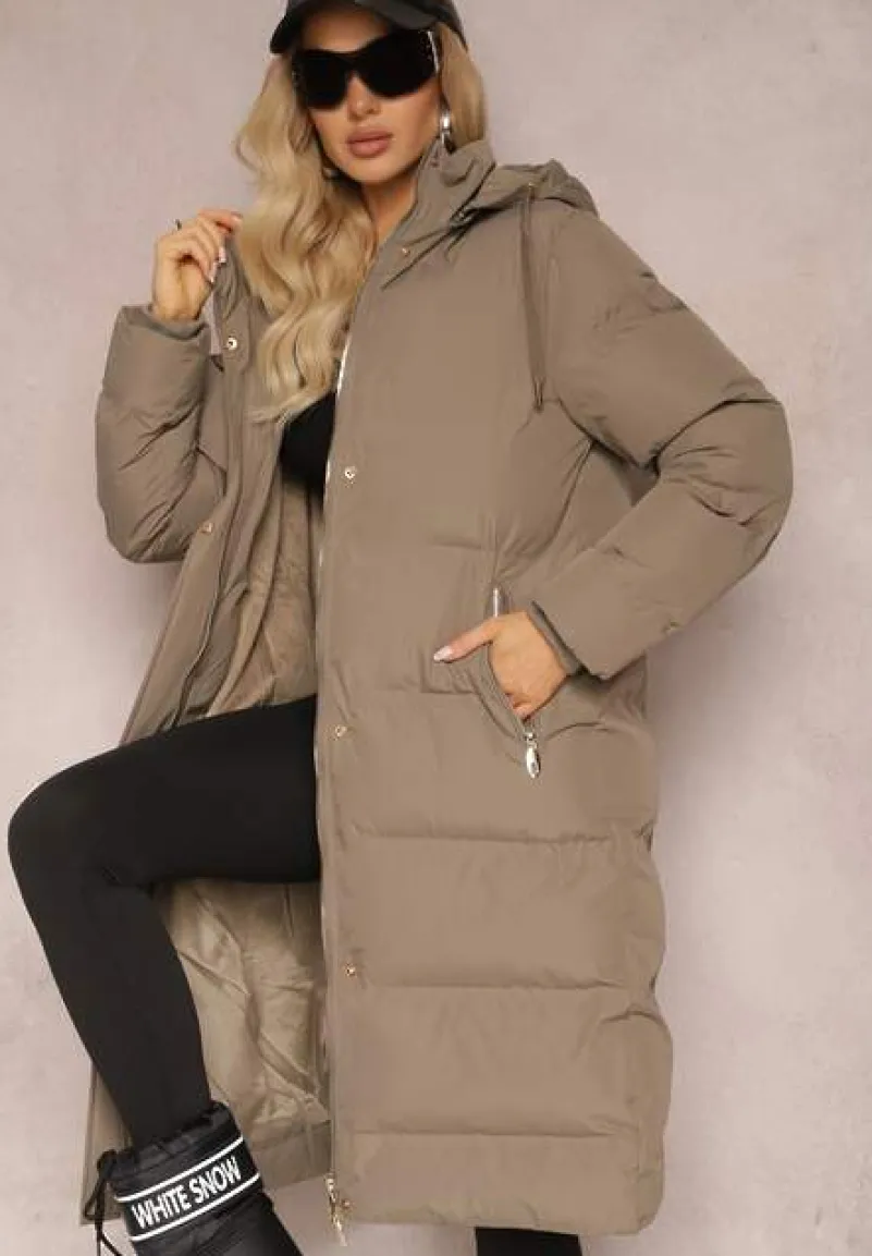 Zielona Kurtka Pikowana Płaszcz za Kolano z Odpinanym Kapturem Chetri