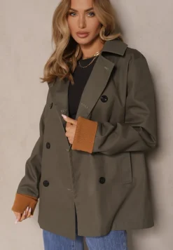 Zielona Kurtka Trencz o Dwurzędowym Kroju z Ozdobnymi Mankietami Zibara