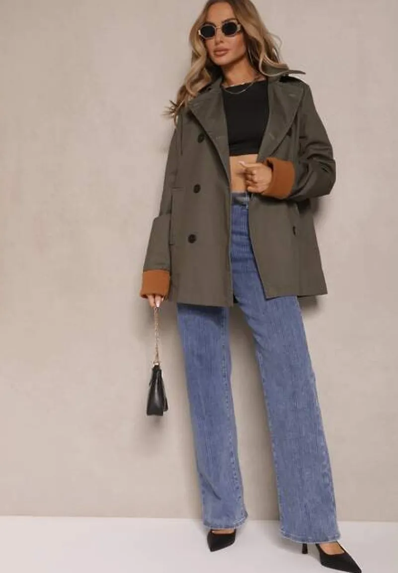 Zielona Kurtka Trencz o Dwurzędowym Kroju z Ozdobnymi Mankietami Zibara