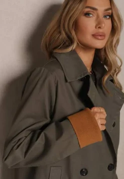 Zielona Kurtka Trencz o Dwurzędowym Kroju z Ozdobnymi Mankietami Zibara