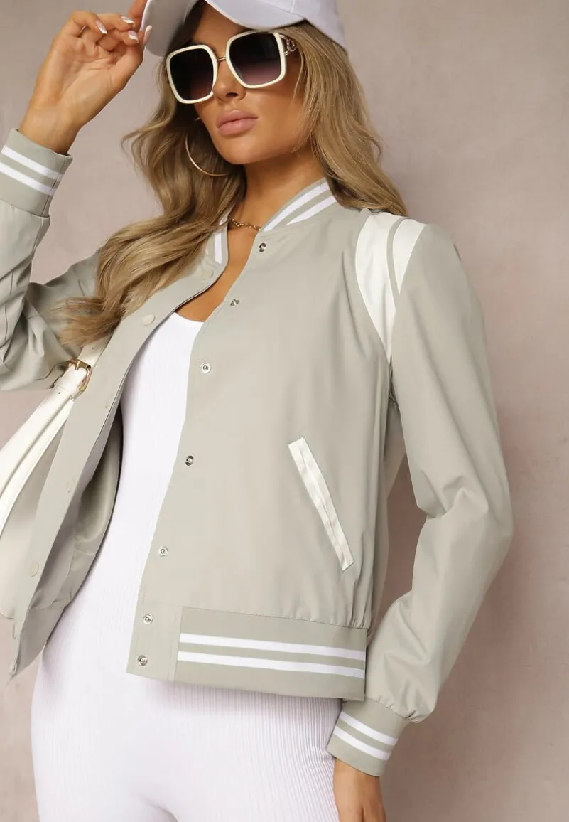 Zielona Kurtka w Stylu Bomberki Ozdobiona Paskami Nevilina