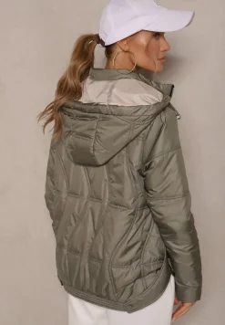 Zielona Kurtka z Kapturem z Możliwością Odpięcia i Pikowanymi Przeszyciami Ziborea