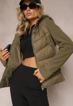Zielona Kurtka z Kapturem Ozdobiona Skośnym Pikowaniem Faneli