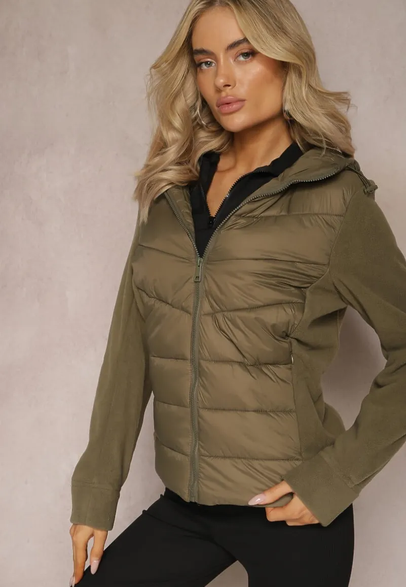 Zielona Kurtka z Kapturem Ozdobiona Skośnym Pikowaniem Faneli