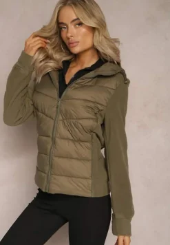 Zielona Kurtka z Kapturem Ozdobiona Skośnym Pikowaniem Faneli