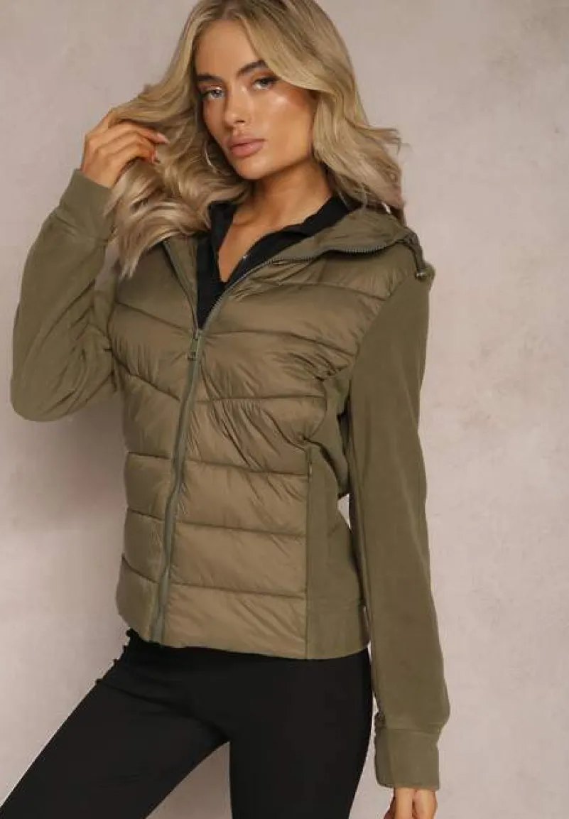 Zielona Kurtka z Kapturem Ozdobiona Skośnym Pikowaniem Faneli