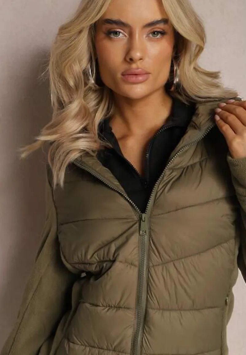 Zielona Kurtka z Kapturem Ozdobiona Skośnym Pikowaniem Faneli