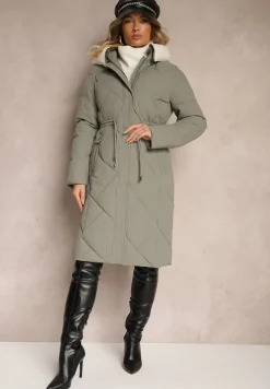 Zielona Kurtka z Kapturem Ozdobiona Pikowaniem Sznurkami w Pasie i Kołnierzem Ellariana