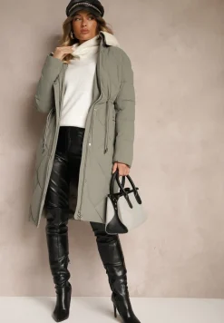 Zielona Kurtka z Kapturem Ozdobiona Pikowaniem Sznurkami w Pasie i Kołnierzem Ellariana