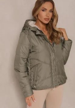 Zielona Kurtka z Pikowanymi Przeszyciami i Kapturem Zdobiona Sznurkami Evivienne