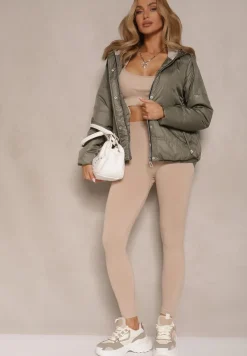 Zielona Kurtka z Pikowanymi Przeszyciami i Kapturem Zdobiona Sznurkami Evivienne