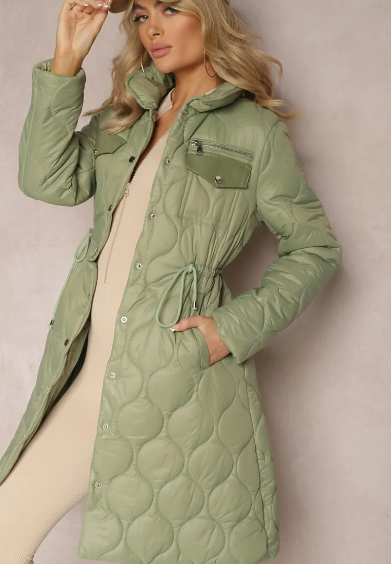 Zielona Kurtka za Kolano z Kołnierzem Pikowana Vilia