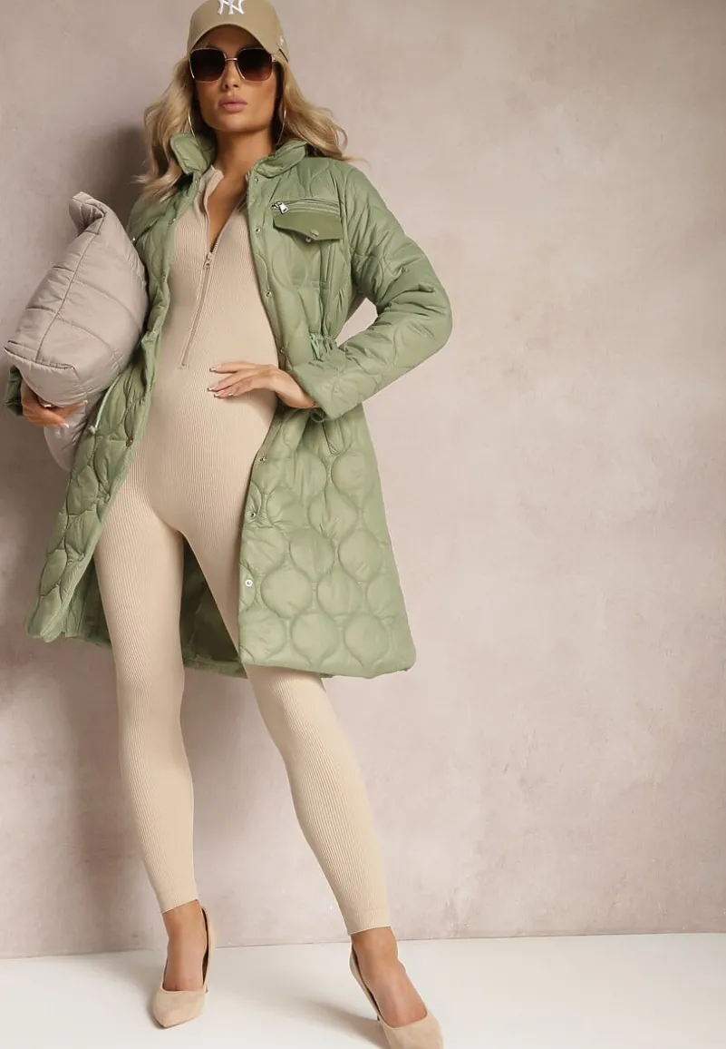 Zielona Kurtka za Kolano z Kołnierzem Pikowana Vilia