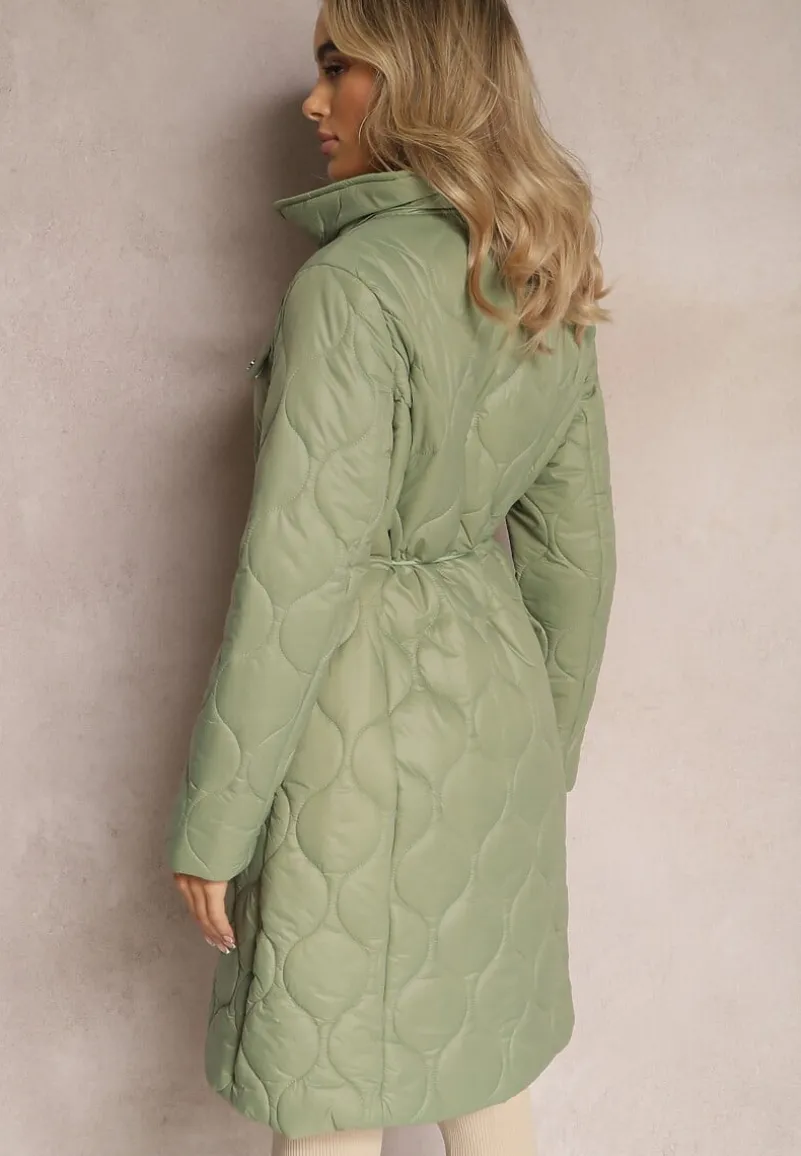 Zielona Kurtka za Kolano z Kołnierzem Pikowana Vilia