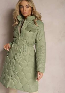 Zielona Kurtka za Kolano z Kołnierzem Pikowana Vilia