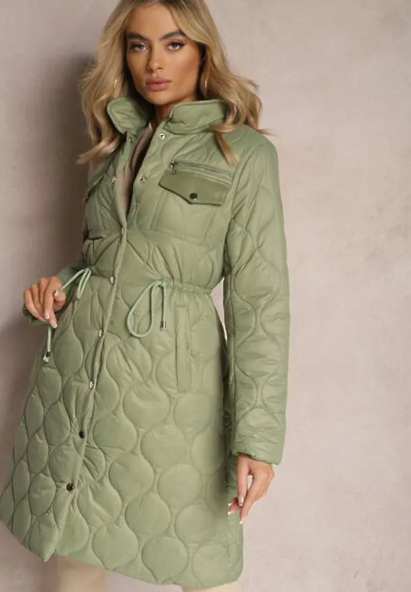 Zielona Kurtka za Kolano z Kołnierzem Pikowana Vilia