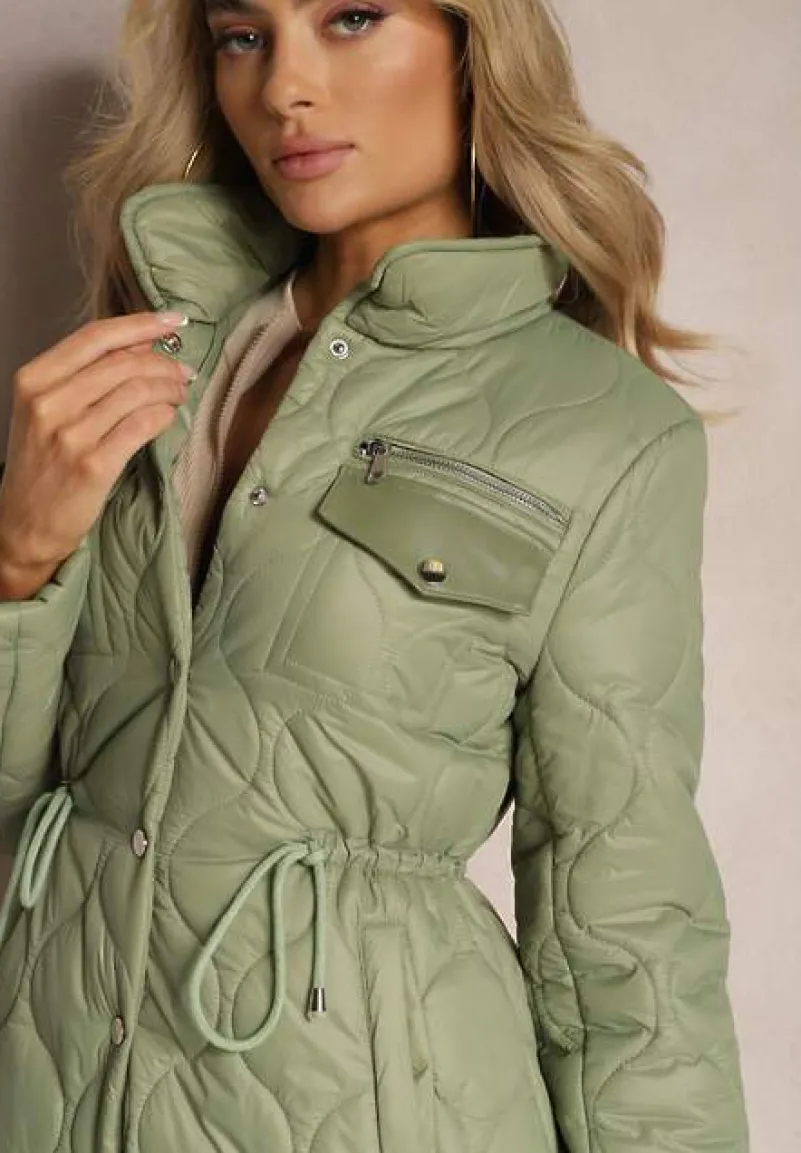 Zielona Kurtka za Kolano z Kołnierzem Pikowana Vilia