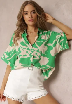 Zielona Kwiecista Bluzka z Krótkimi Rękawami Andresa