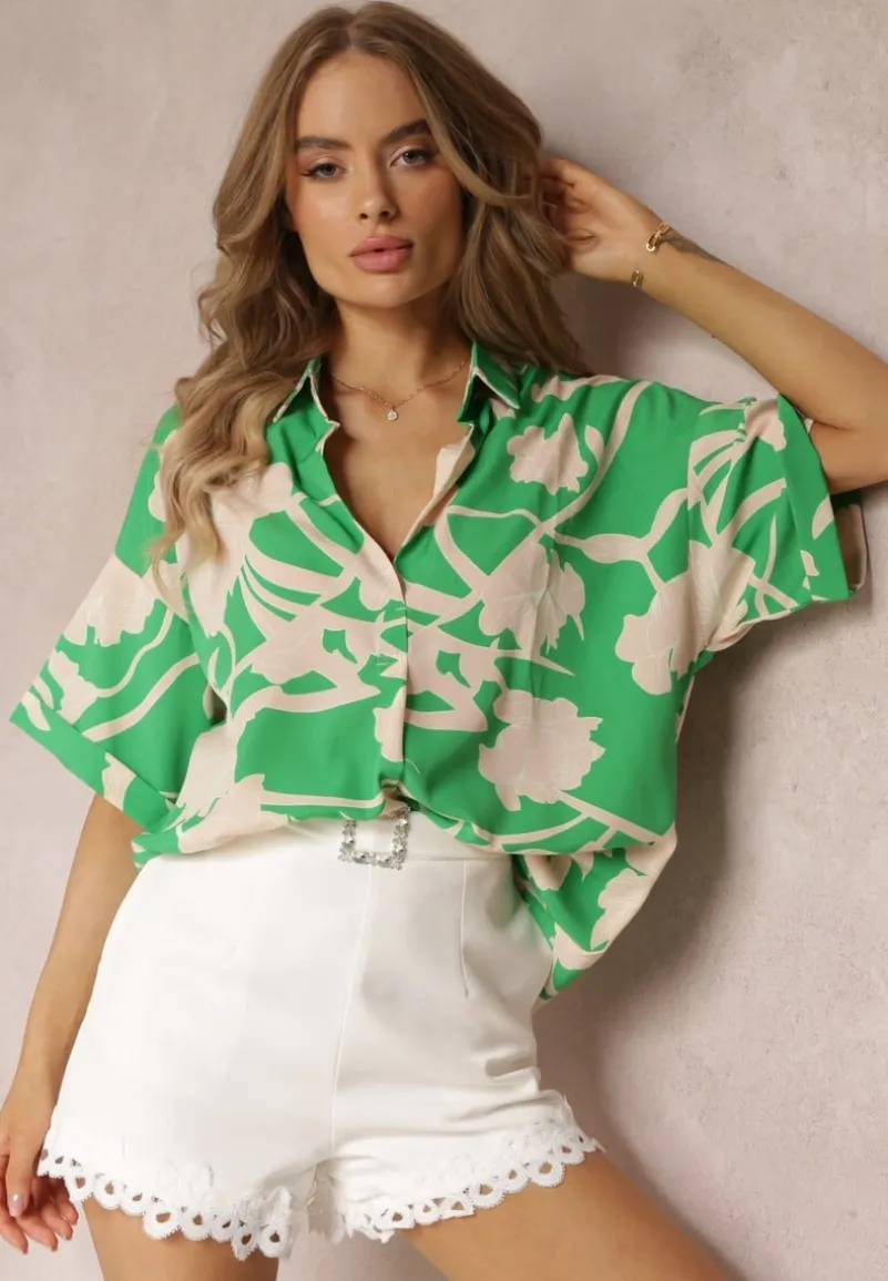 Zielona Kwiecista Bluzka z Krótkimi Rękawami Andresa